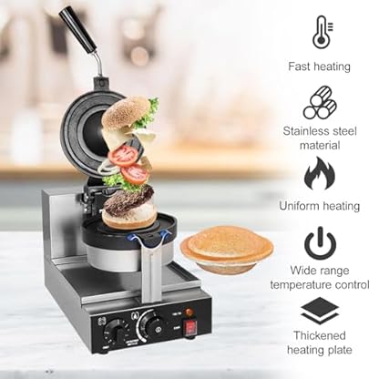 1300W kommerzieller Burger-Waffelmaker,Waffeleisen mit antihaftbeschichteten Platten,5-Minuten-Timer und 300°C Temperaturregelung,Heißpress-Hamburger-Toaster für süße und herzhafte Füllungen – Bild 3