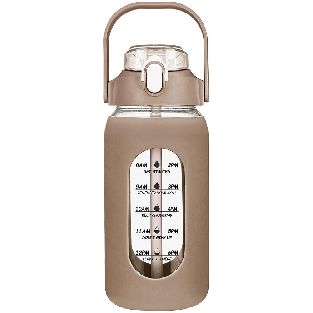 CTRLZS 64Oz Glass Water Bottles with Straw, Glass Bottle with Silicone Sleeve and Time Marker, for Gym Home Brown