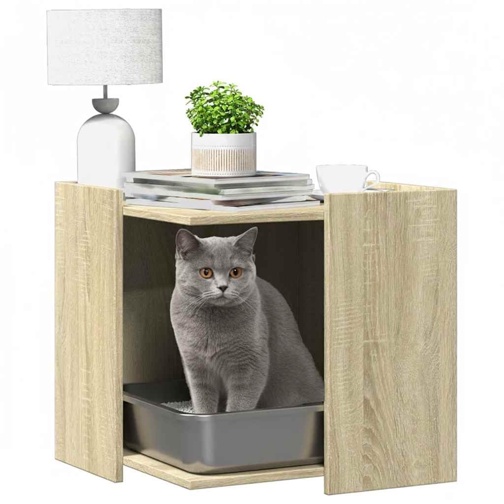 Katzentoilette Möbel Katzenklo Schrank Katzenhaus aus Holzwerkstoff, Katzenhöhle geschlossen und Beistelltisch für das Wohnzimmer, Sonoma-Eiche, 53 x 53 x 51 cm