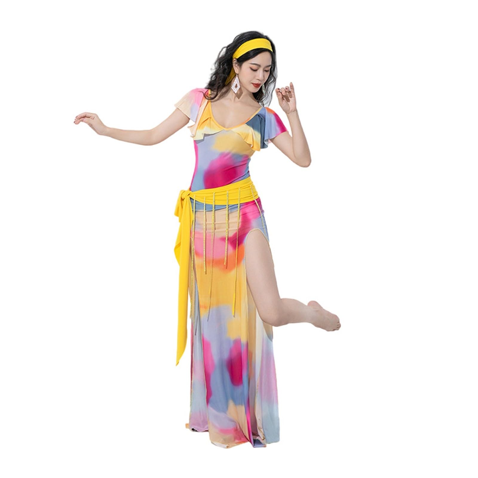 Shaabi Baladi Robe Set Damen Bauchtanzkostüm Kurze Rüschenärmel Bedrucktes Kleid Sexy Seitenschlitz Tänzerin