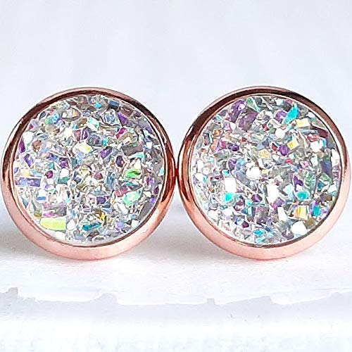 Opal on Rose Gold - Druzy Stud Earrings - Hypoallergenic Posts