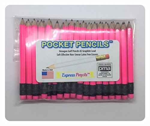 Express Pencils Neon Pink Golf Pencils with Eraser - Half, Classroom, Pew, Short, Mini, Small, Non Toxic - Hexagon, Sharpened, 2 Pencil, Color - Neon Pink, Pkg of 36 Pocket Pencils