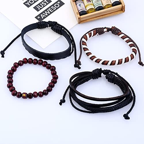 Fldc 8Pcs Black Braided Leather Wrap Bracelet For Men Women Cuff Bracelet Set Wood Bead Hemp Cord Woven Bracelet Wooden Beaded Multi Layer Wrist Bracelets Wristbands Adjustable A #TOP1