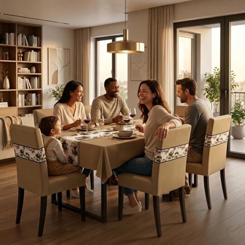 Image of Styleys Dining Chair Cover with Table Covers for Kitchen Waterproof Dining Table Cloth (1 Table Cover + 6 Chair Cover, Light Brown Flower, K723)