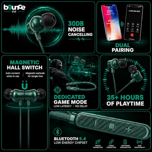 Image of Bouncefit Sonic 144 Bluetooth Wireless Neckband, 35H Continuous Playback Battery, Deep Bass, Stereo Sound, HD Calls, Type C Fast Charging, Rich Audio, Bluetooth Neckband with Mic Earphones (Green)