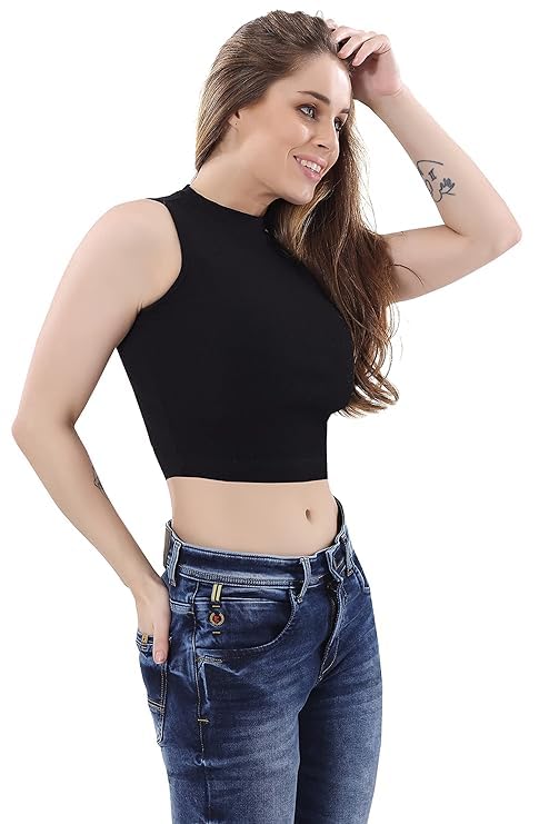 Image of SriSaras Women's Black & White Cotton Strechable Tank Tops /Crop Tops