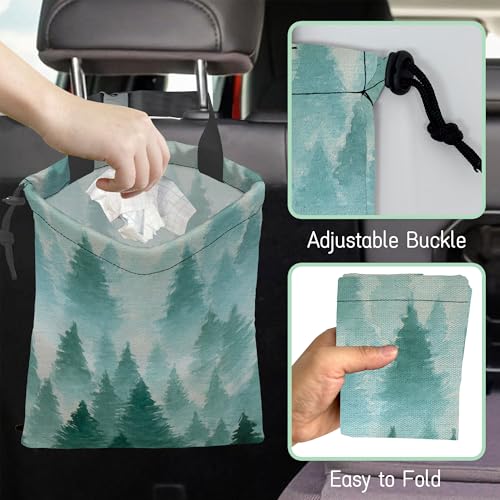 Image of Foggy Forest Car Garbage Bag,Watercolor Forest Waterproof Small Car Trash Bag Hanging Back of Seat,Drawstring Hanging Car Trash Bag with Adjustable Buckle for Car Accessories