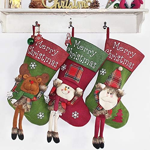 Christmas Stocking, 18" Personalized Xmas Stockings Set of 3 with 3D Snowflake Santa, Snowman, Reindeer, Classic Stocking Decorations for Xmas Tree Holiday Family Party (Style 2)