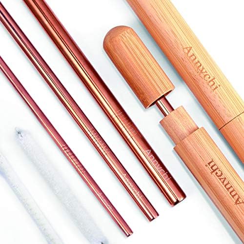 316 Stainless Steel Drinking Straws with Case (2 Sets) - 6x Metal Straws, 4x Cotton Cleaning Brush, 2xBamboo Portable Case, Pouch, Eco-Friendly Zero Waste Travel Drinking Smoothies Straw (Rose Gold)