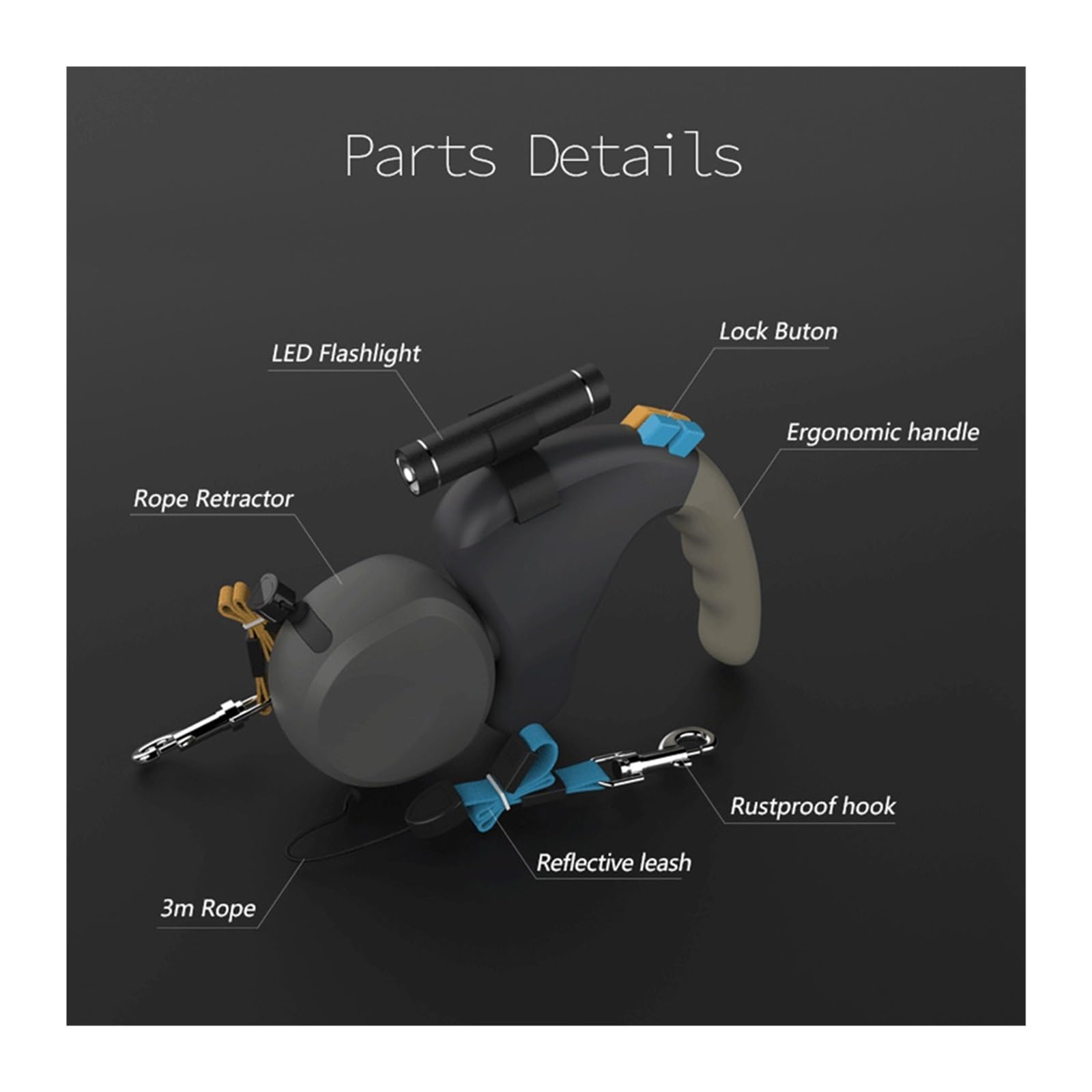 Laisse for Chien Double rétractable rotative 1 pièces avec lumière(Black)