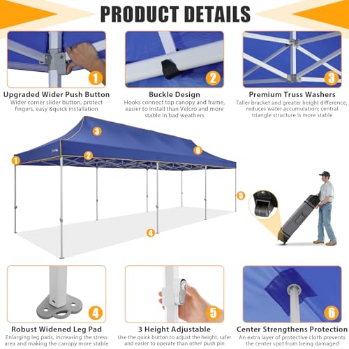 Image of HOTEEL 10x30 Heavy Duty Pop Up Canopy Tent for Parties Event Wedding Commercial Instant Canopy with Wheeled Bag, Party Tent Waterproof UV 50+&Windproof, Upgraded Thick Hexagonal Legs, Deep Blue