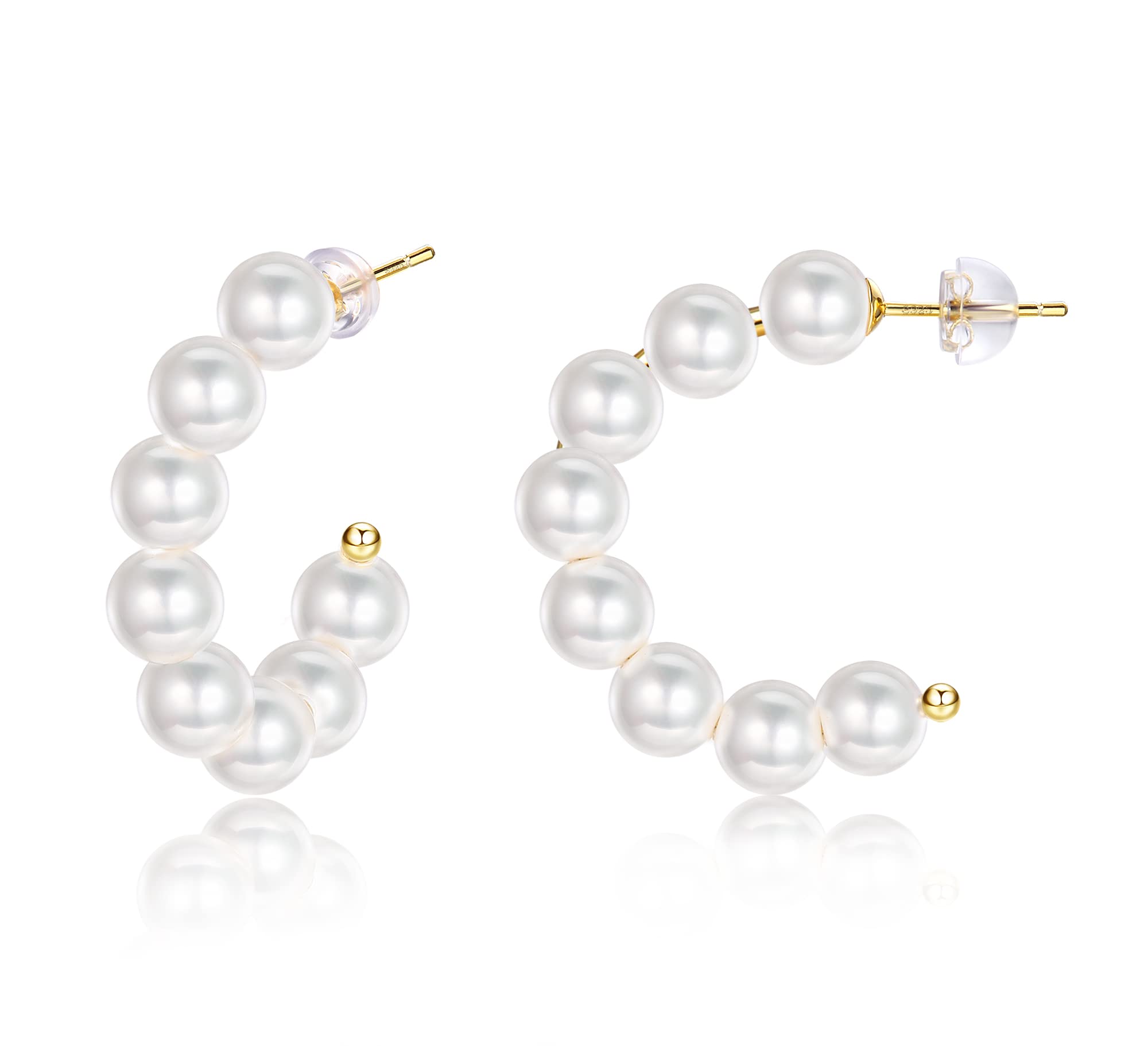 ORAZIO Pendientes de Aros de Perla para Mujer, Pendientes Pequeños con Aguja de Plata de Ley 925, Chapado en Oro Pendientes Abierto de Perlas Pendientes de Medio Aro de Perlas para Novias