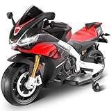 Letsgokid 24V 2 Seater Kids Motorcycle, Licensed Aprilia RSV4 with Removable Training Wheels, 200W Motor, Up to 10 MPH, LED Lights, Music, USB, Ride on Electric Motorcycle for Kids 3+, Black