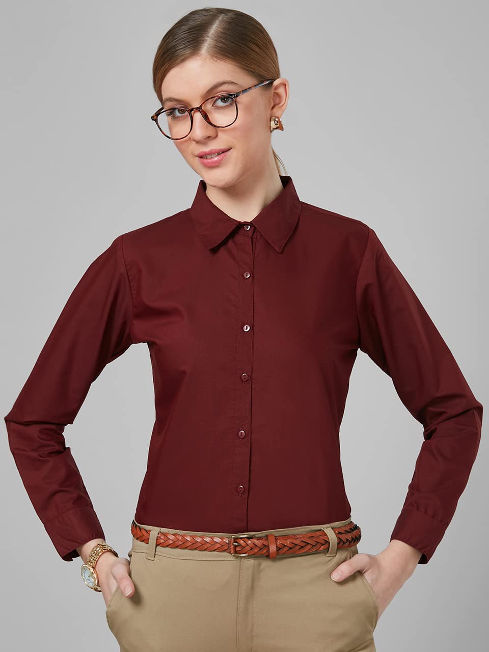 Style Quotient Women Solid Maroon Polycotton Regular Formal Shirt - Image 2 thumbnail