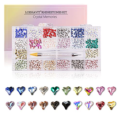 LOEHAVIT 600Pcs Nail Rhinestones Kit, 20 Colors Heart Shaped Crystal Flat Back Rhinestones for Nail Art DIY Craft Nail Gems with a Wax Pen and Storage Box