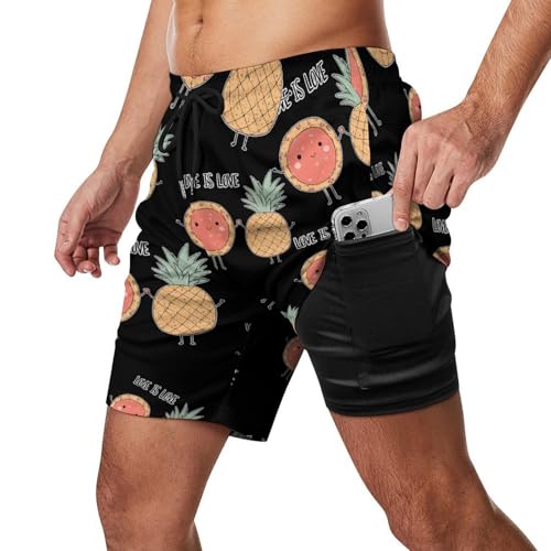 Love is Love Pineapple Pizza Beach Shorts for Men Swim Trunks Quick Dry Swim Shorts with Compression Liner Pocket2
