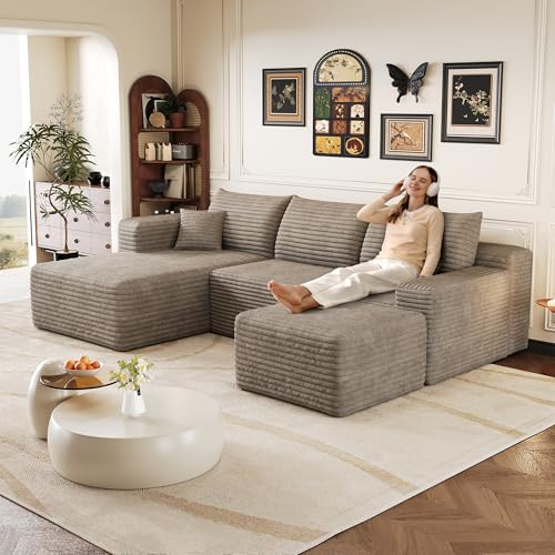 Yihomfy 241 cm Canapé d'angle en forme de U, Canapé Cloud avec Méridienne, Canapé d'angle Modulable 4 Places avec Pouf,Canapé en U Convertible pour Salon, Assise Profonde, Sans Montage, L-Marron clair