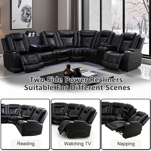 Image of Power Recliner Sectional Sofa Couches with LED Lights for Living Room, Black Leather Wall Hugger Reclining Corner Couch Sets with 4 Home Theater Seat, USB Port, Cup Holder, Storage Console