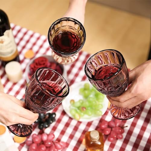 Joeyan Purple Vintage Wine Glasses,Clear Water Goblet Glasses,Stemmed Drinking Glasses with Embossed Pattern,Colored Glassware Set for Wedding Party Banquet Feast,10 oz,Set of 4,Dishwasher Safe by Joeyan - Used condition - Image 7
