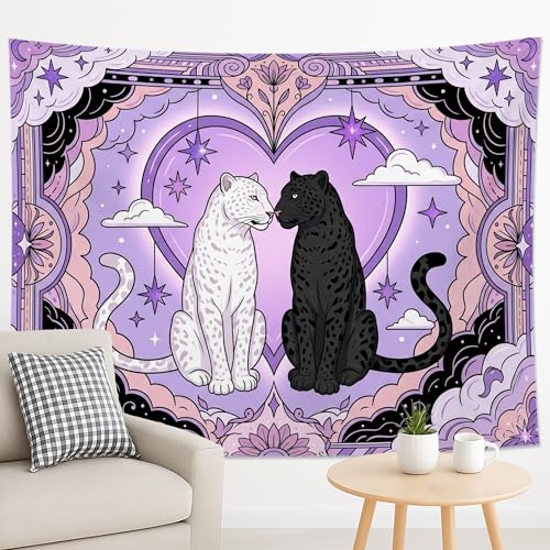 Tapisserie murale guépard violet et cœur blanc pour grand salon bohème 230x180 cm