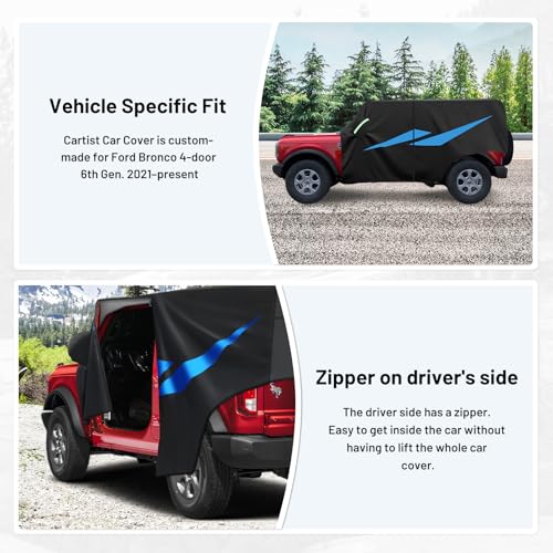 Image of Cartist 420D Waterproof Car Cover Fits for Ford Bronco 2021-2025 2026,All Weather Car Covers for Bronco Accessories with Zipper Door & Reflective Safety Strips,Sun Rain Snow Dust Uv Protection