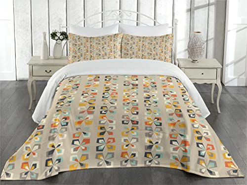 Lunarable Geometric Coverlet, Mid Century Modern Pattern Of Colorful Retro Shapes And Forms Art Print, 3 Piece Decorative Quilted Bedspread Set With 2 Pillow Shams, King Size, Pale Tan Multicolor #TOP1