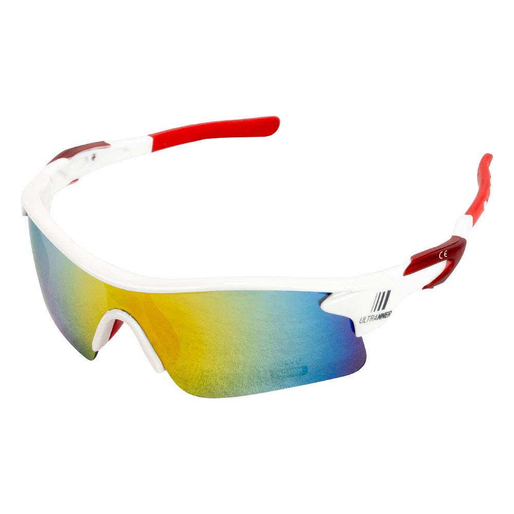 ULTRANNER - Gafas ligeras de sol deportivas con Protección UV - Gafas Trail Running Antideslizantes de Policarbonato - Gafas Resistentes al Sudor - Color rojo y blanco