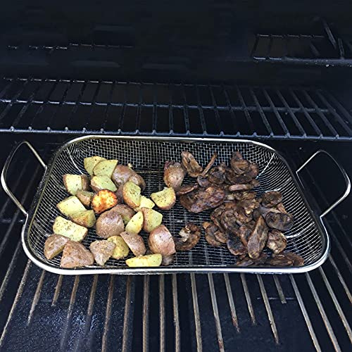 Wuweot Grill Basket, Vegetable Barbecue Basket, 15" X 11" Stainless Steel Square Wire Mesh Grilling Basket Roasting Pan With Two Handles For Vegetables, Chicken, Meats And Fish #TOP4