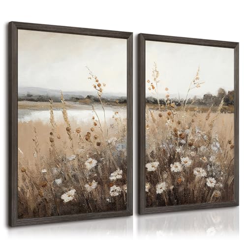 Wildflower Botanical Wall Art Decor Set of 2 Vintage Canvas