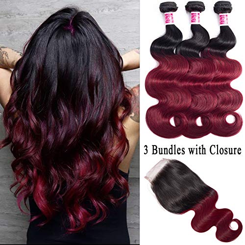 Ombre Brazilian Hair Ombre Bundles with Closure Body Wave Unprocessed Human Virgin Hair 3 Bundles with 4×4 Lace Closure 1B/99J Two Tone Black to Burgundy Ombre Color(12 14 16+10 Free)