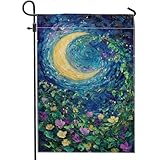 Moonlit Floral Garden Flag, Blue Crescent Moon and Colorful Blooms Outdoor Decor Flag, Double Sided Soft Fabric Yard Banner for Home Patio Decoration 12x18 Inch