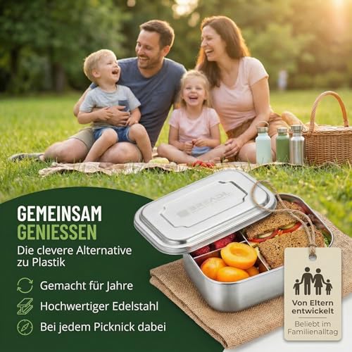 Foto von BREADL Edelstahl Brotdose, Feste Trennwand und 3 Fächer, Plastikfrei, Rostfrei, Spülmaschinengeeignet, Kleine 1000ml Lunchbox und Brotzeitbox aus Metall für Kinder und Erwachsene
