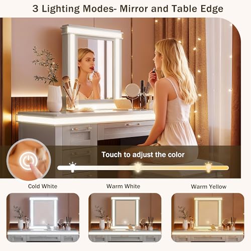 Image of 48 inch Vanity Desk with Mirror, Classic Makeup Vanity with 7 Drawers and Cushioned Stool, Hollow Design Drawer, Rubber Wood Legs, Dressing Table with Bamboo Weave Design, Easy Assembly (Grayish Blue,08)