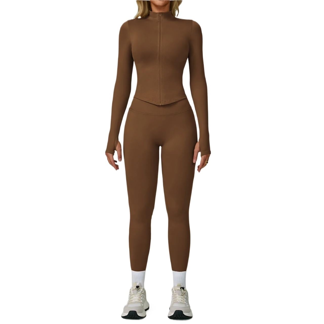 Donna Set di Abbigliamento Yoga Set da yoga senza cuciture for abbigliamento sportivo 2/3 pezzi, palestra a maniche lunghe donna, completo di sport fitness(Deep coffee set-2,L)