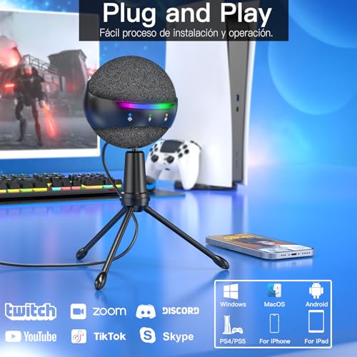 zealsound Micrófono de Condensador USB, Micrófono PC para *Phone/Android ASMR Zoom Youtube Twitch Video Gaming Streaming Reducción de Ruido Touch Mute Echo Micrófono USB para Mac Windows P9 Negro - imagen 4