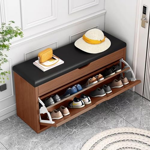 モダンマリスト玄関ベンチ 多機能シューズラック一体型 長椅け シューズベンチ 100*24*51cm 大容量収納 引き出し付き 取り外し可能 座れるタイプ ブラウン ワイド設計