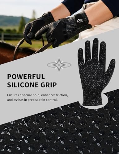 Charmsphere Ladies Equestrian Gloves Lightweight Convenient Carry Non-Slip Durable Horseback Riding Gloves w/Silicone Print Black M