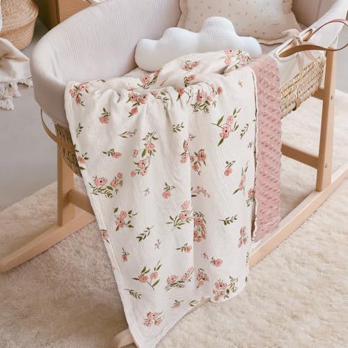 Image of BOPRIO Muslin Baby Blankets for Girls Super Soft Nursery Minky Blankets with Breathable Muslin Cotton Front and 3D Touch Dotted Fleece Backing, Pink Floral Printed Bed Throws Newborn 30 x 40 Inch