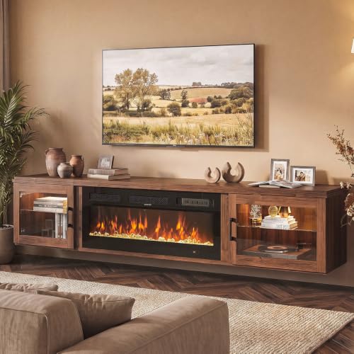 Image of 80 inch Floating TV Stand with Fireplace, High Gloss Finish Wall Mounted Fireplace Entertainment Center with Storage for TVs Up to 90 inch, Brown