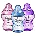 Tommee Tippee Closer to Nature Baby Bottle, Anti-Colic, BPA-Free - Girl, Pink/Yellow/Purple, Slow Flow, 9 Ounce, 3 Count (Colors May Vary)