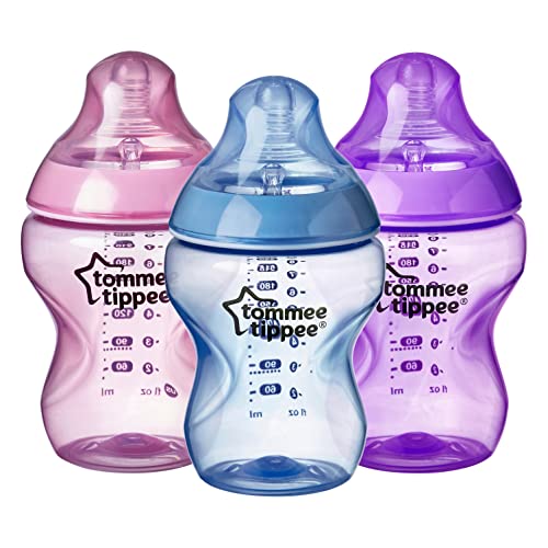 Image of Tommee Tippee Closer to Nature Baby Bottles, Slow Flow Breast-Like Nipple with Anti-Colic Valve, 9oz, 3 Count, Colour My World Pacific - Pink.