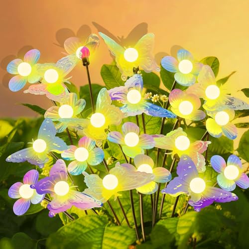 Sukesou Solar Garden Butterfly Lights 2 Pack 12 LED Solar Swaying Flower Lights Waterproof Firefly Lighting Outdoor for Garden Patio Yard Pathway Flower Bed Decoration