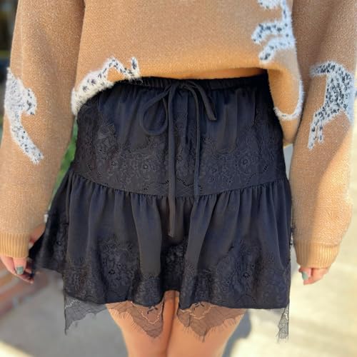 wdehow Women Y2K Lace Mini Skirt Low Rise Ruffle Pleated Layered Flowy Short Skirts4