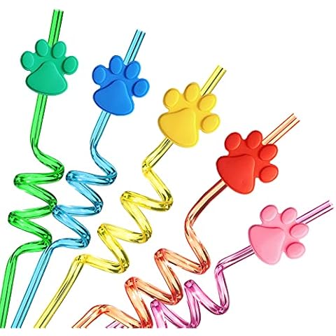 24 Paw Birthday Party Supplies Paw Print Drinking Straws with 2 PCS Straws Patrol Cleaning Brush for Pet Dog Puppy Pals Cat Birthday Decorations Favors Cover