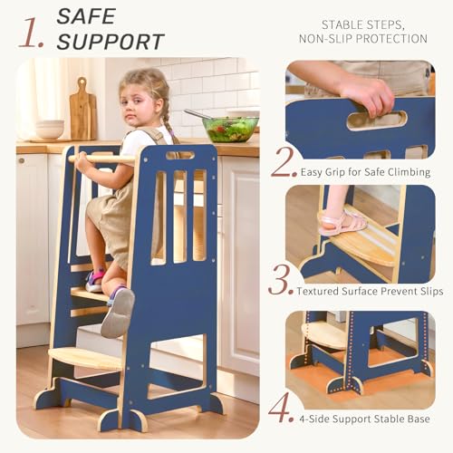 Image of WINGYZ Toddler Tower - Anti-Tip Natural Wood Learning Stool Helper for Kids 18M-6Y, 150lb Capacity Kitchen Stool with 3-Height Adjustable Platform and Sliding Door Access, 20lb Portable Design, DK BLU