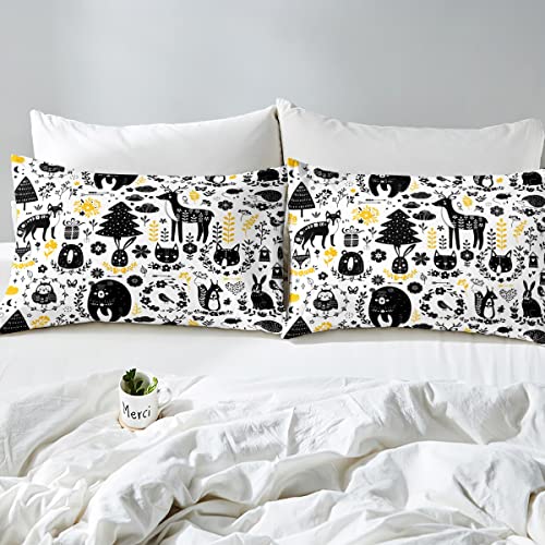 Bear Moose Comforter Cover Kids Cute Animal Wolf Fox Bedding Set Full Size Autumn Harvest Theme Duvet Cover Boys Girls Kawaii Cat Squirrel Owl Hedgehog Rabbits Print Bedspread Bedroom Decor #TOP4