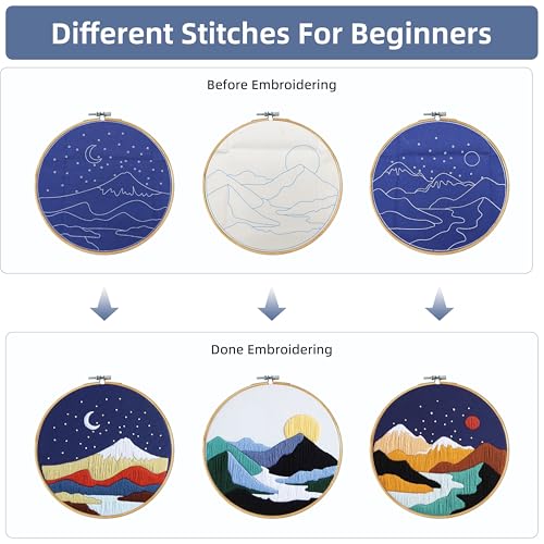 Image of KEKEMEOW 3 Sets Embroidery Kit for Beginners, Stitches with Landscape of Mountains Patterns, DIY Cross Stitch Kits for Adults, Needlepoint Hand Embroidery Kit with Stamped Pattern、Instruction、Hoop
