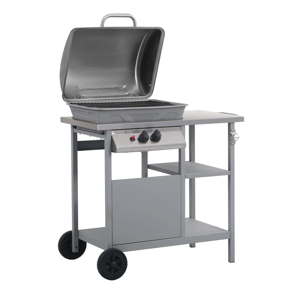 Grill gazowy z 2 palnikami i stolikiem pomocniczym, stacja grillowa do ogrodu i na taras, stal nierdzewna i stal malowana proszkowo, moc 5,5 kW
