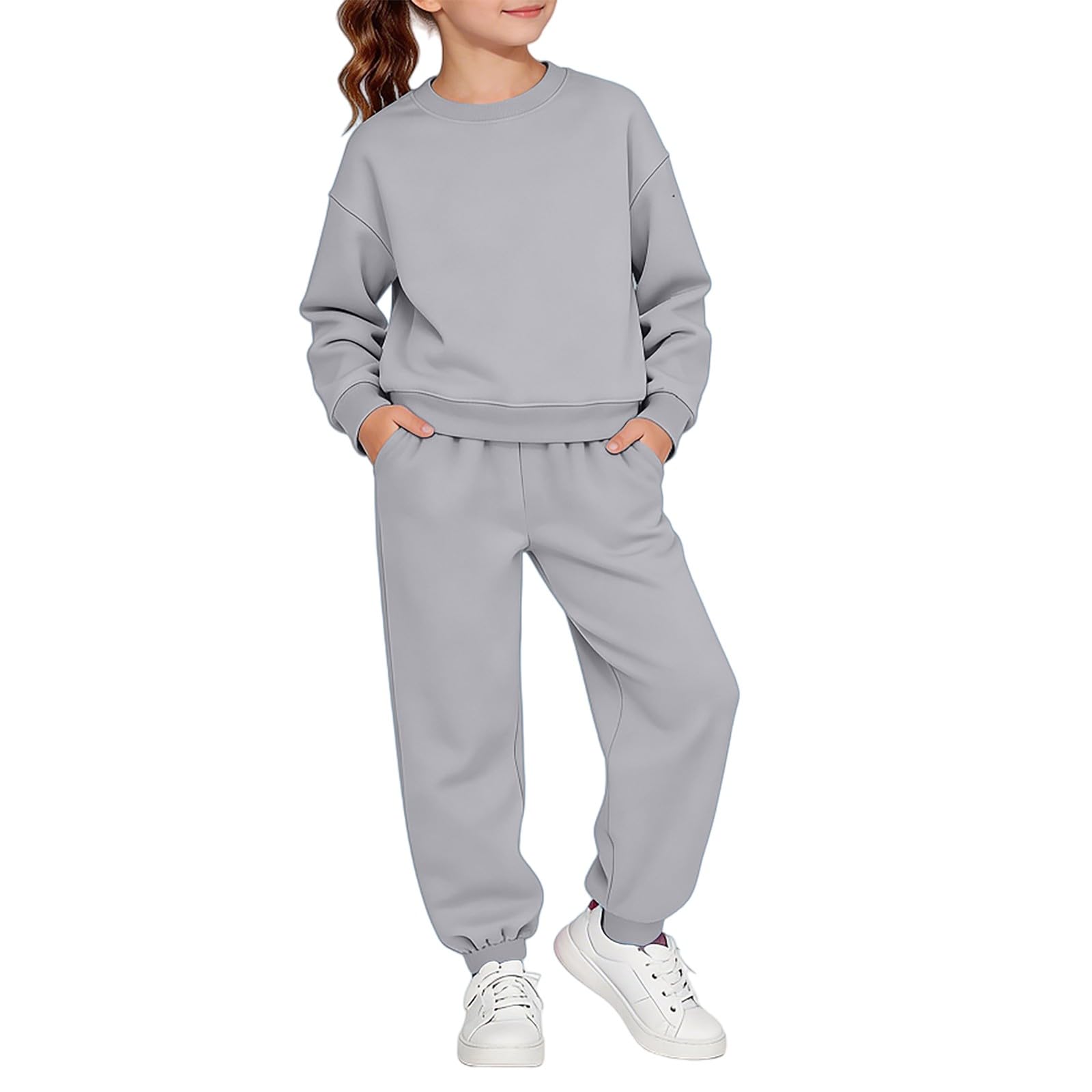 WINWUQB - Conjunto de chándal de cuello redondo para niñas, 2 piezas | Acogedor traje deportivo escolar con capucha, pantalones, vacaciones, otoño, invierno, informal, para niños