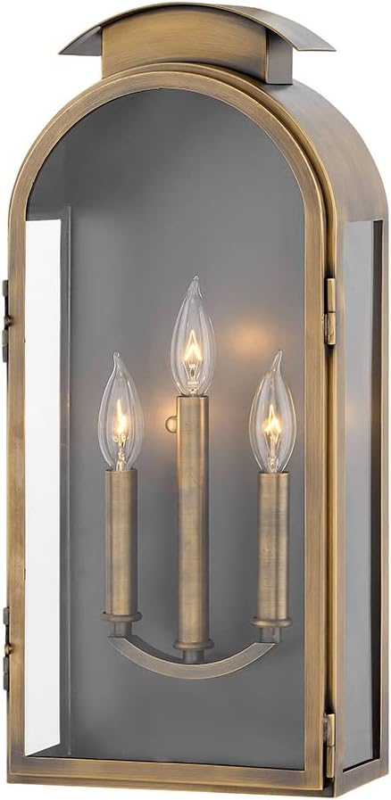Hinkley Rowley Three Light Wall Mount Outdoor Lantern – Heritage Collection, Traditional, Solid Brass, Clear Glass – Light Antique Brass Finish